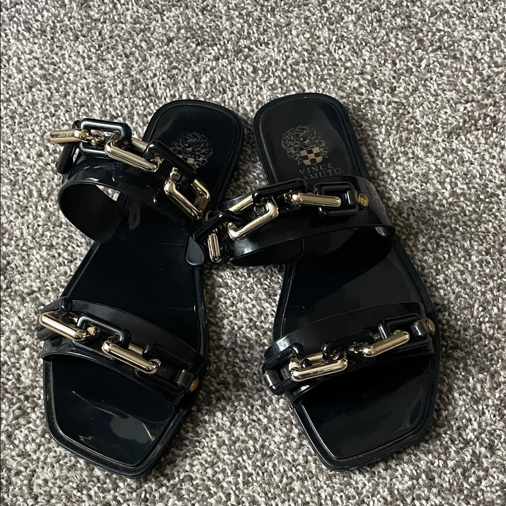 Vince Camuto Black Sandals with Gold Chain Accents